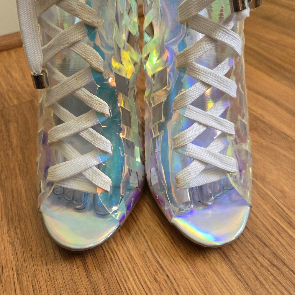 Cape Robbin clear iridescent lace-up booties ankle boots high heels 7.5 stiletto - Picture 8 of 10